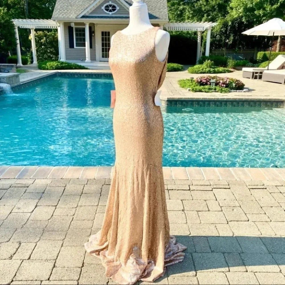 NWT Theia Gemma Sequin High-Neck Formal Max Dress Rose Gold 0 - Picture 8 of 10